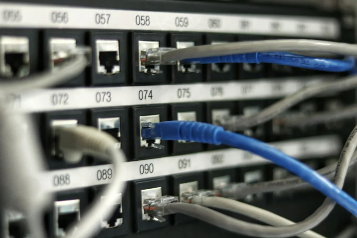 Close-up of network equipment ports and cables