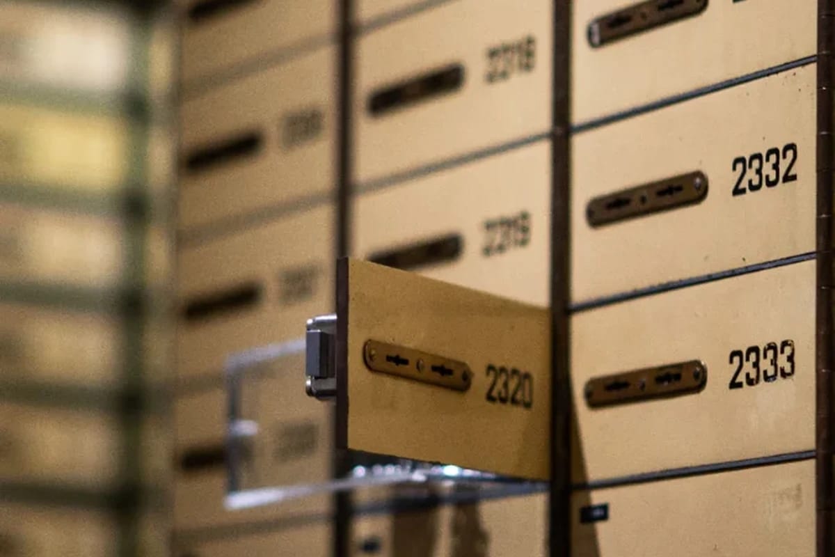 Storage cabinet with one numbered compartment open